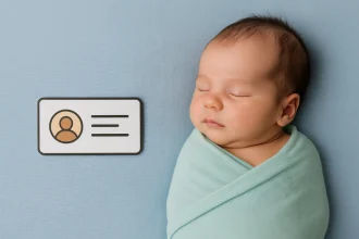 Yenidoğan kimlik çıkarma sürecini simgeleyen görselde, mint yeşili örtüye sarılmış uyuyan bir bebek ve yanındaki sembolik kimlik kartı yer alıyor.