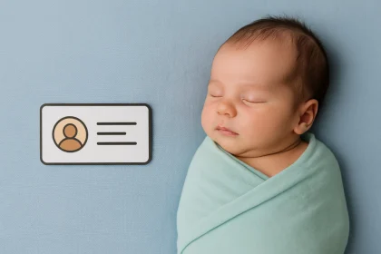 Yenidoğan kimlik çıkarma sürecini simgeleyen görselde, mint yeşili örtüye sarılmış uyuyan bir bebek ve yanındaki sembolik kimlik kartı yer alıyor.