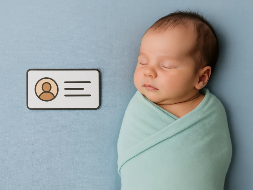 Yenidoğan kimlik çıkarma sürecini simgeleyen görselde, mint yeşili örtüye sarılmış uyuyan bir bebek ve yanındaki sembolik kimlik kartı yer alıyor.